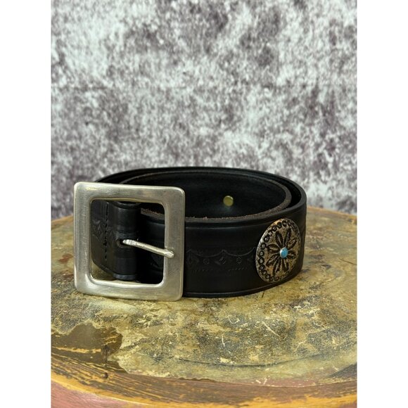 Unbranded Accessories - Leather Belt Silver womens M 34"L Black Buckle Bull Conchos Turquoise Western